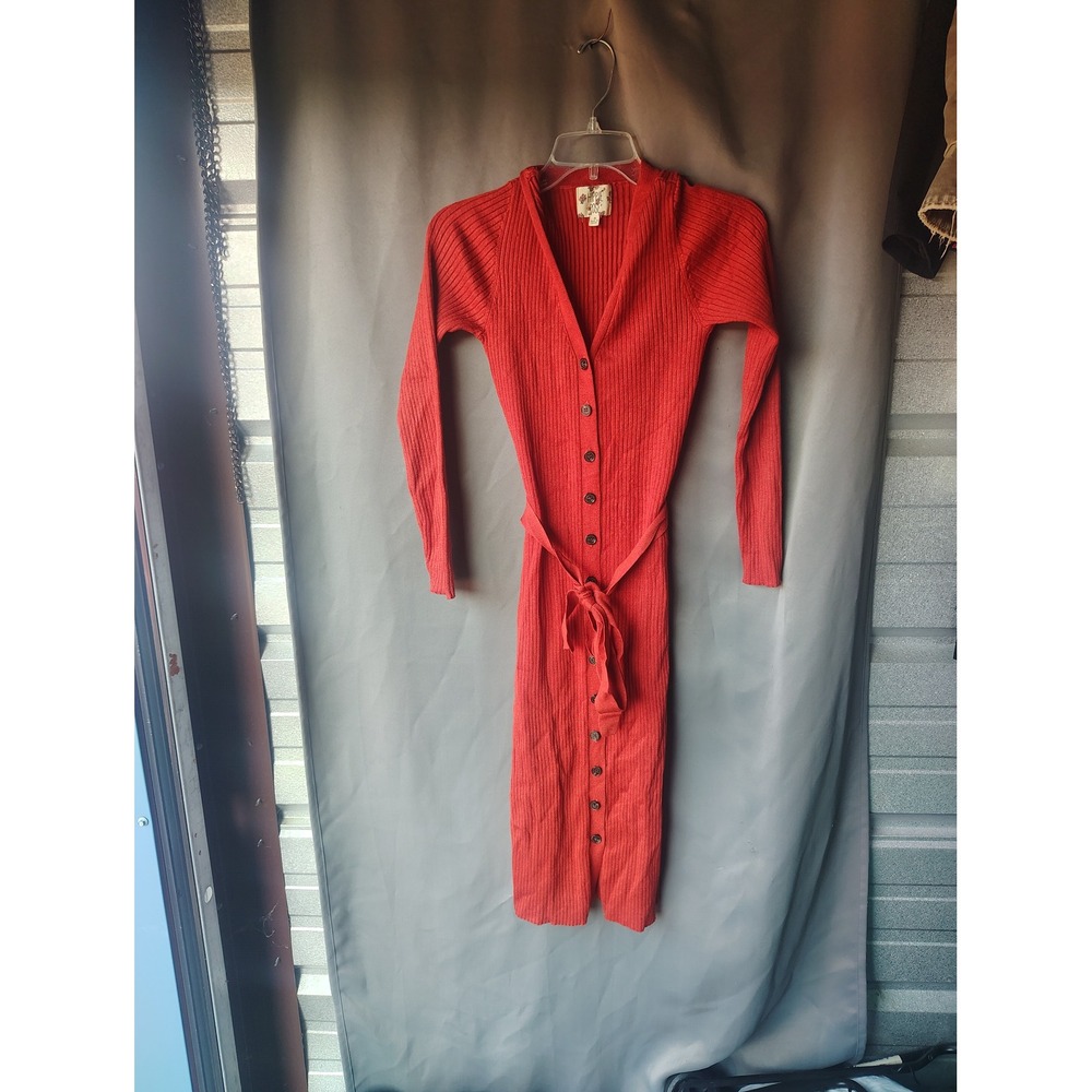 Hippie Rose Ribbed Knit Button Front Midi Dress Rust Red Long Sleeve Belted M